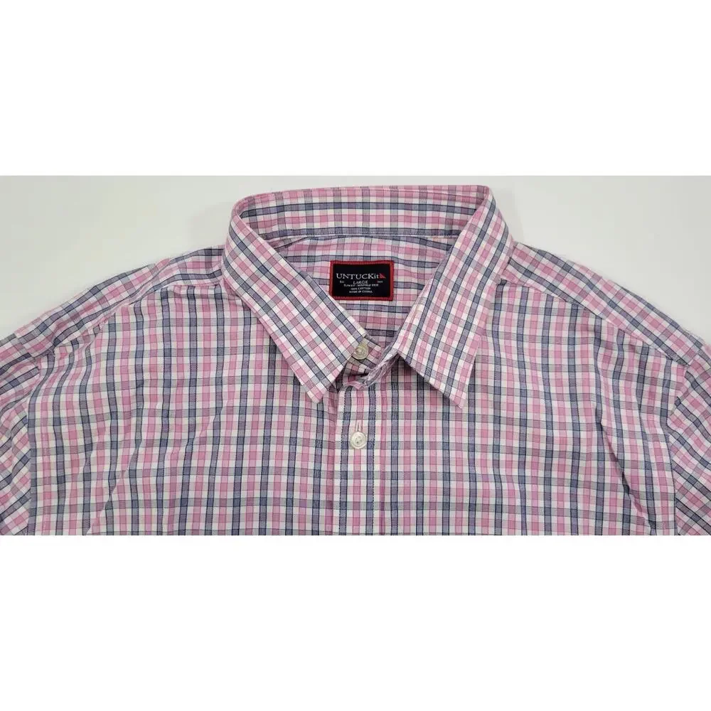 F6) UNTUCKit Men Checkered Cotton Long Sleeve Button Down Slim Fit Shirt Large